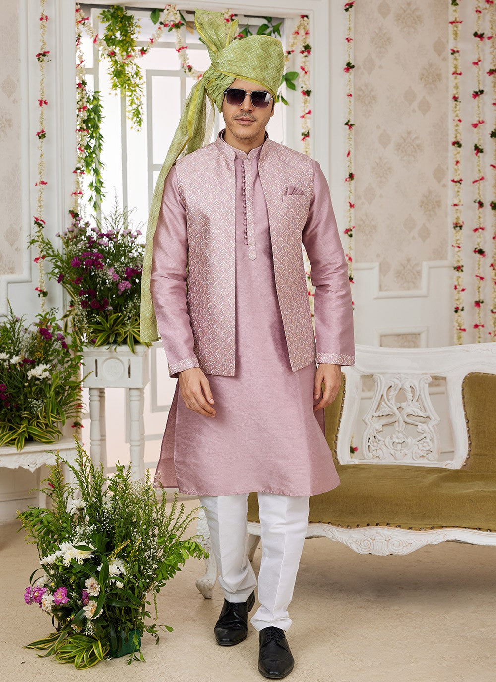 Machine Embroidery Banarasi Silk Pink Kurta Payjama With Jacket - M8746