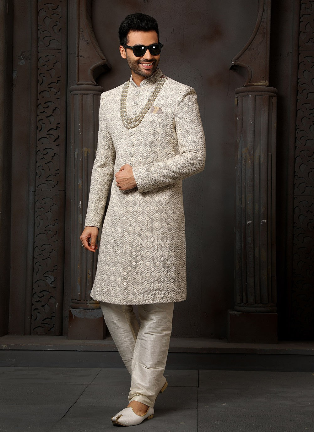 Machine Embroidery Art Silk Grey Sherwani - M4122