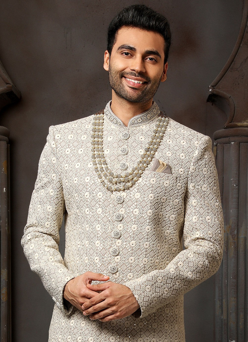 Machine Embroidery Art Silk Grey Sherwani - M4122