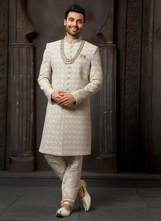 Machine Embroidery Art Silk Grey Sherwani - M4122