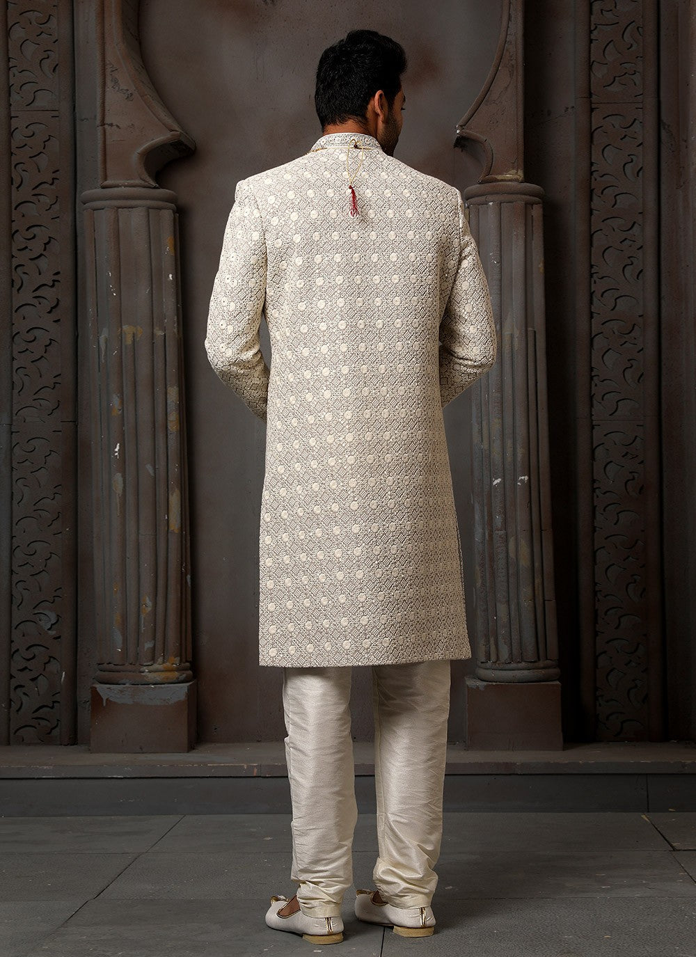 Machine Embroidery Art Silk Grey Sherwani - M4122