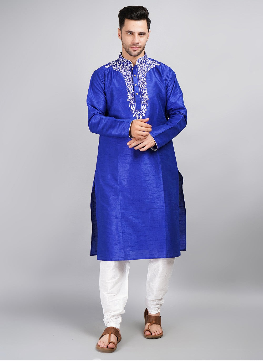 Machine Embroidery Dupion Silk Blue Kurta Pyjama - M5688