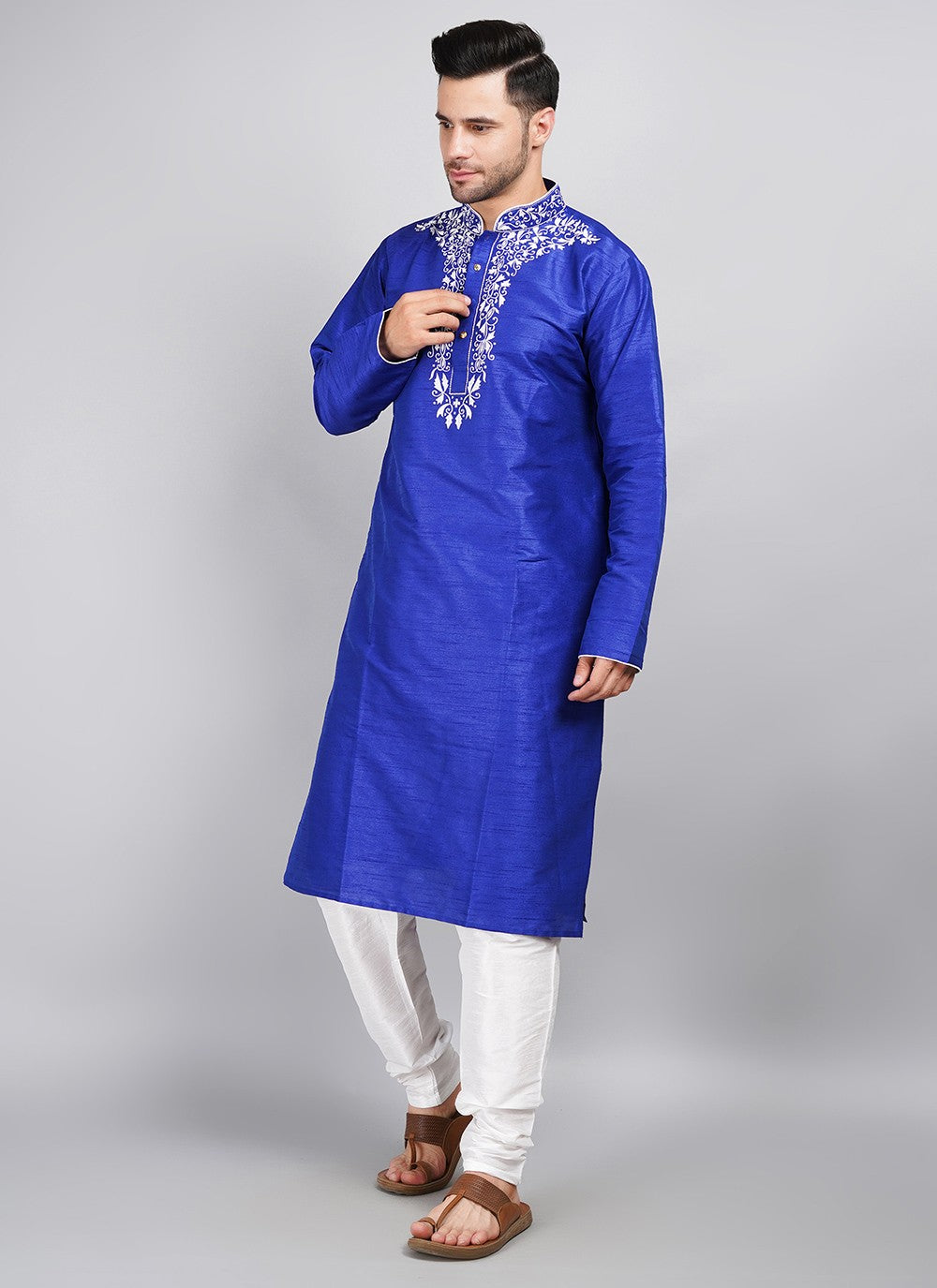 Machine Embroidery Dupion Silk Blue Kurta Pyjama - M5688