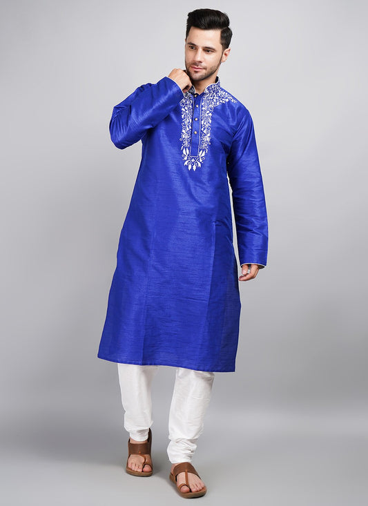 Machine Embroidery Dupion Silk Blue Kurta Pyjama - M5688