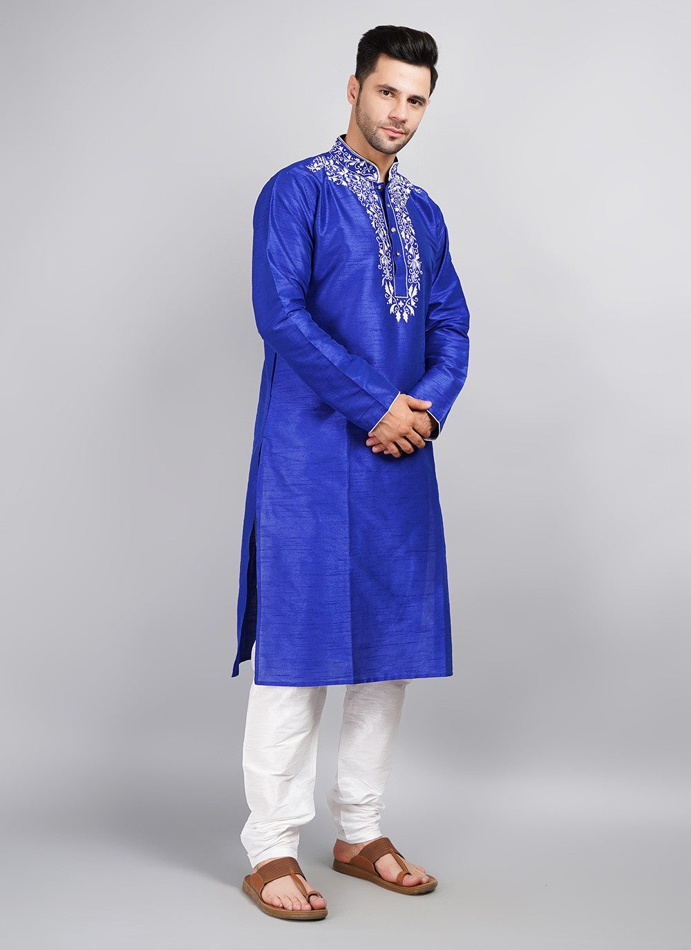 Machine Embroidery Dupion Silk Blue Kurta Pyjama - M5688