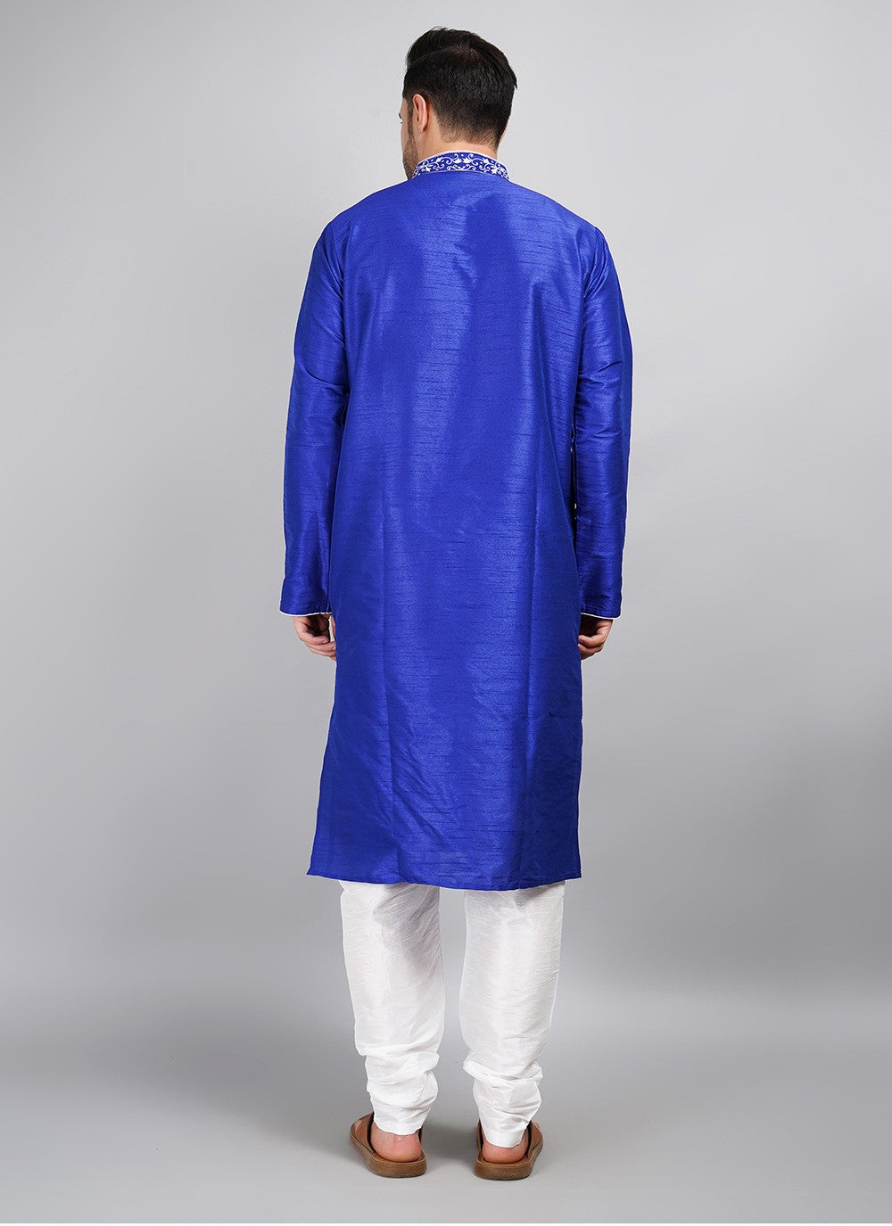 Machine Embroidery Dupion Silk Blue Kurta Pyjama - M5688