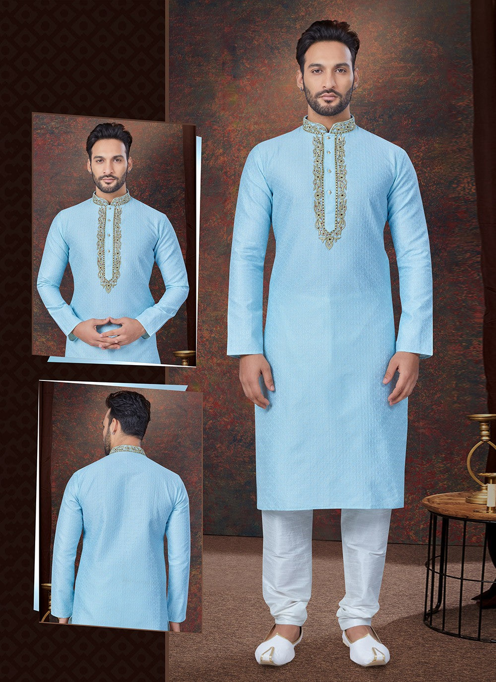 Machine Embroidery Jacquard Aqua Blue Kurta Pyjama - M7600