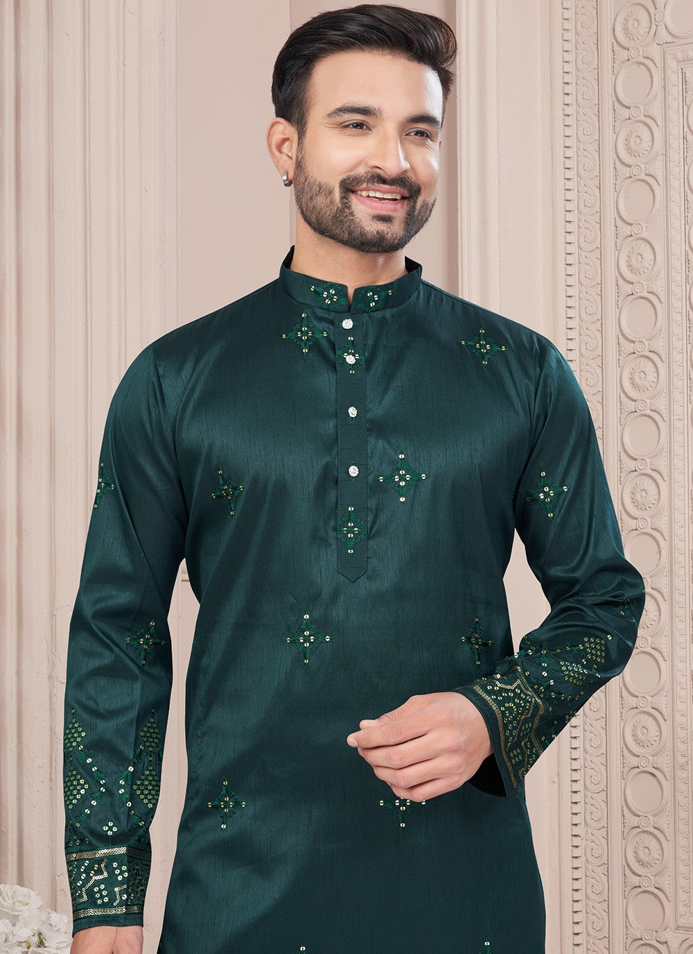 Machine Embroidery Silk Green Kurta Pyjama - M8713