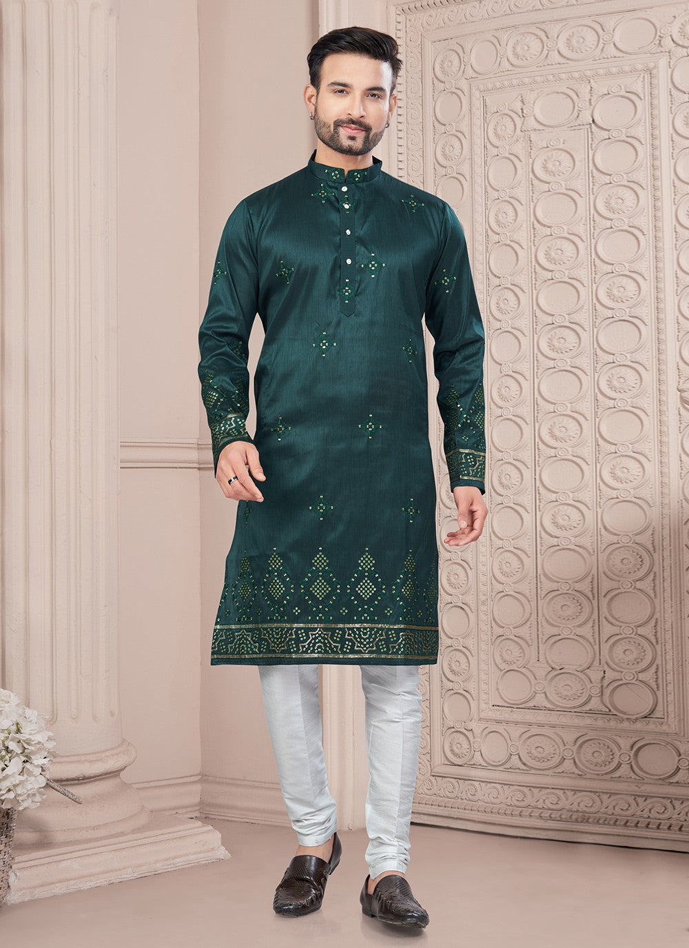 Machine Embroidery Silk Green Kurta Pyjama - M8713