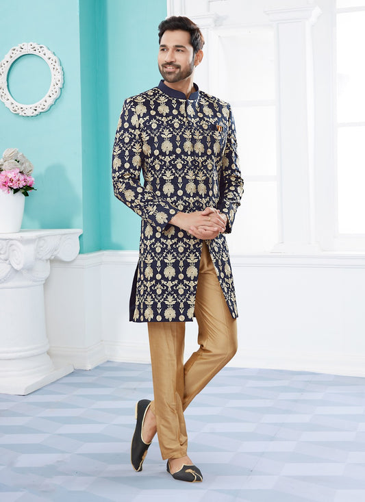 Machine Embroidery Velvet Navy Blue Indo Western Sherwani - M3924