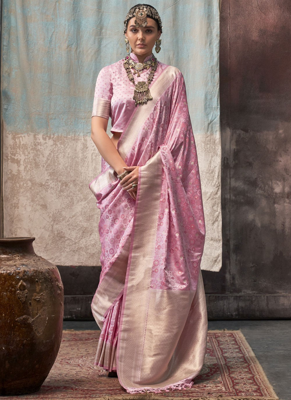 Classic Weaving Zari Satin Pink Saree - S10667