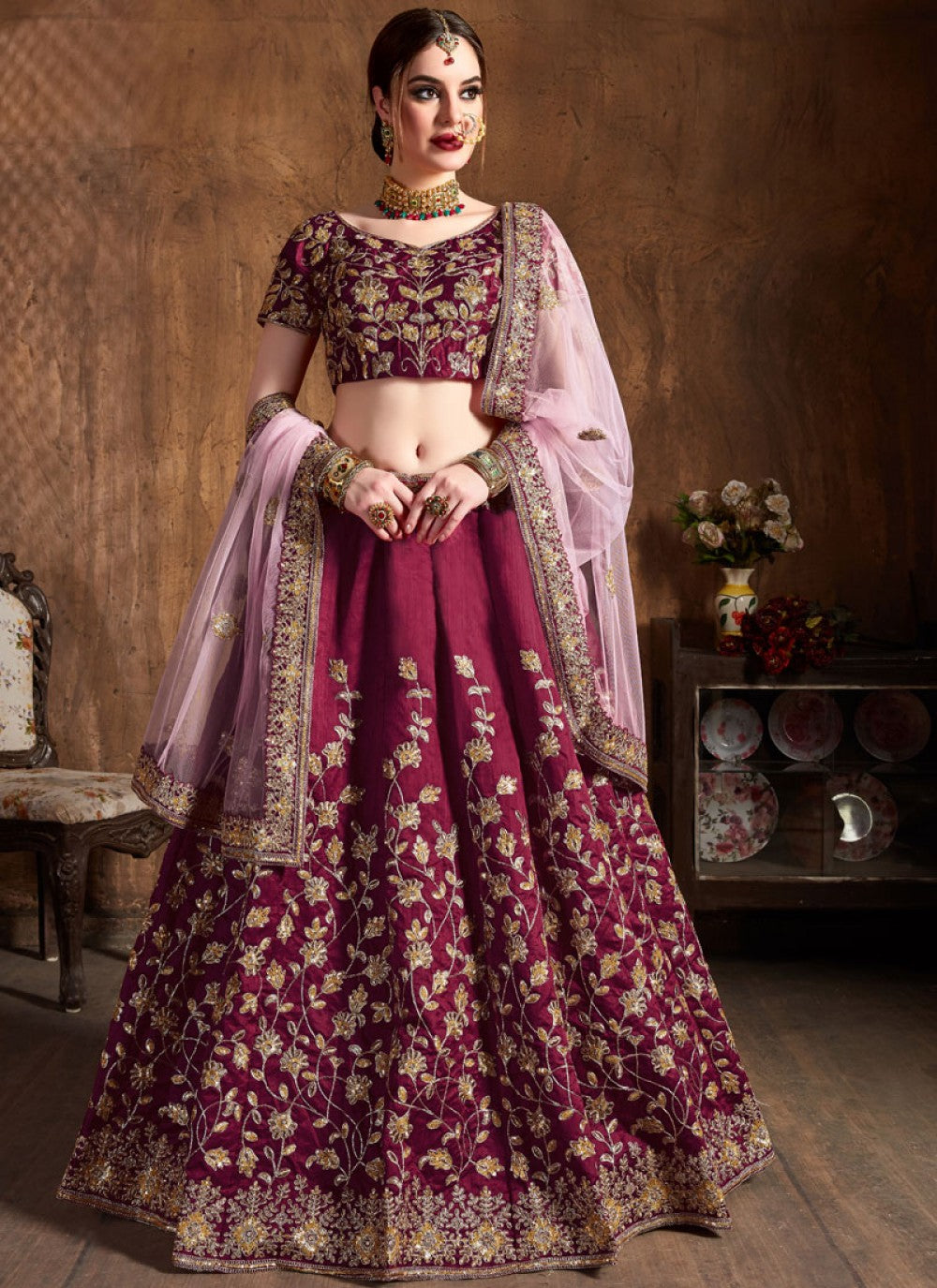 Embroidered Art Silk A - Line Lehenga - L0052