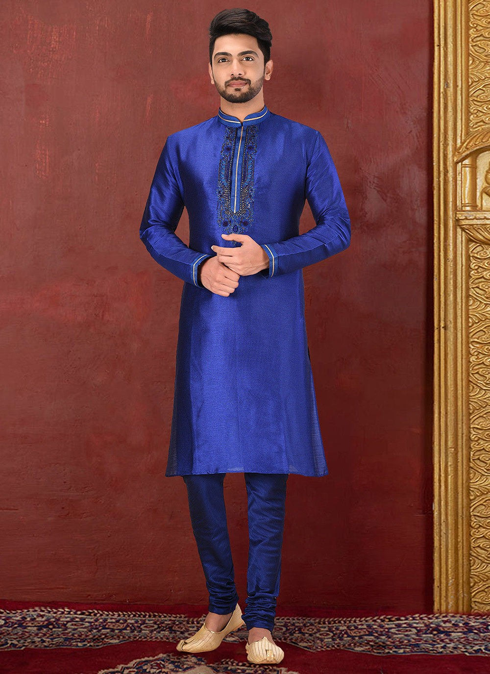 Embroidered Malbari Silk Blue Kurta Pyjama - M2739