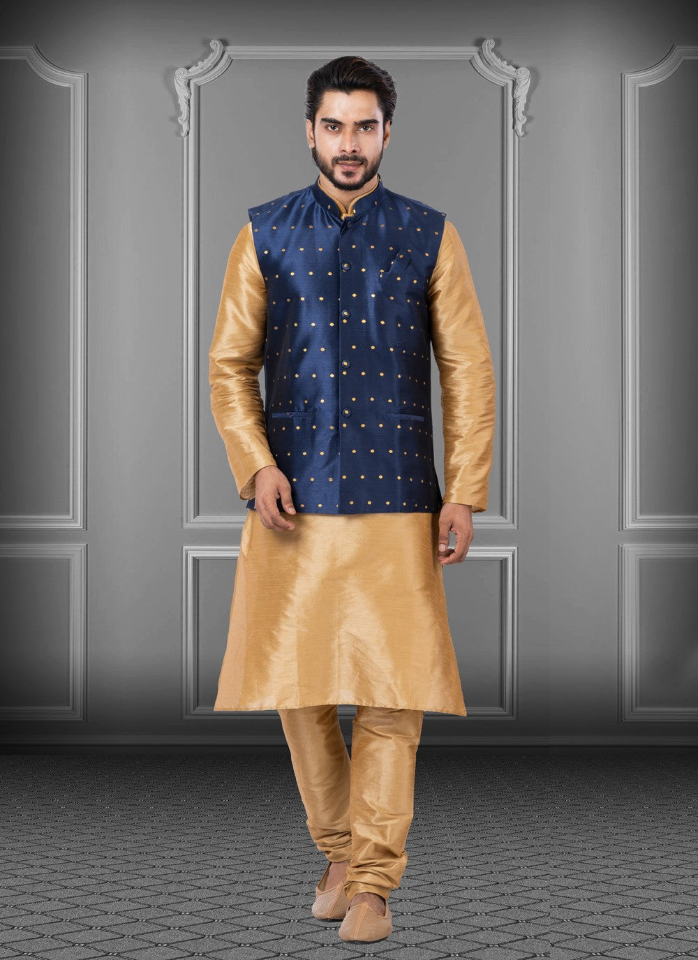 Fancy Work Dupion Silk, Malbari Silk Beige, Blue Kurta Payjama With Jacket - M3781