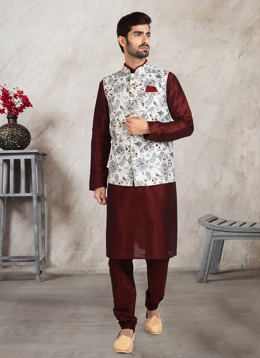 Printed Banarasi Silk Maroon, Off White Kurta Payjama With Jacket - M2718