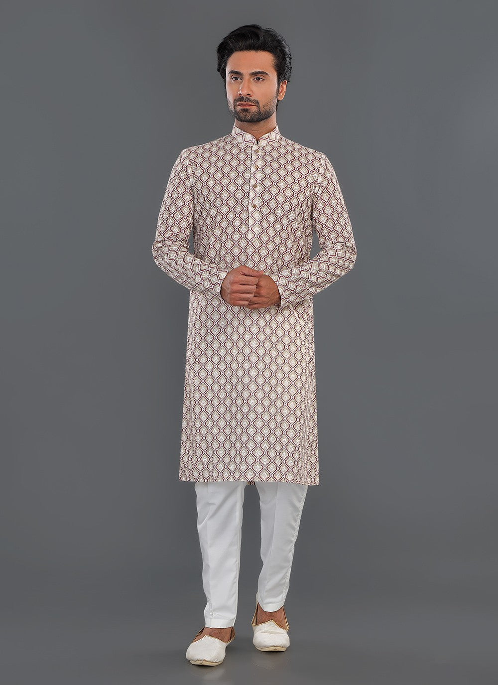 Printed Cotton Maroon, Off White Kurta Pyjama - M8070