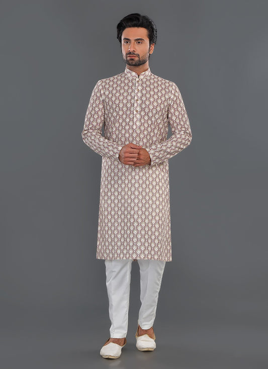 Printed Cotton Maroon, Off White Kurta Pyjama - M8070