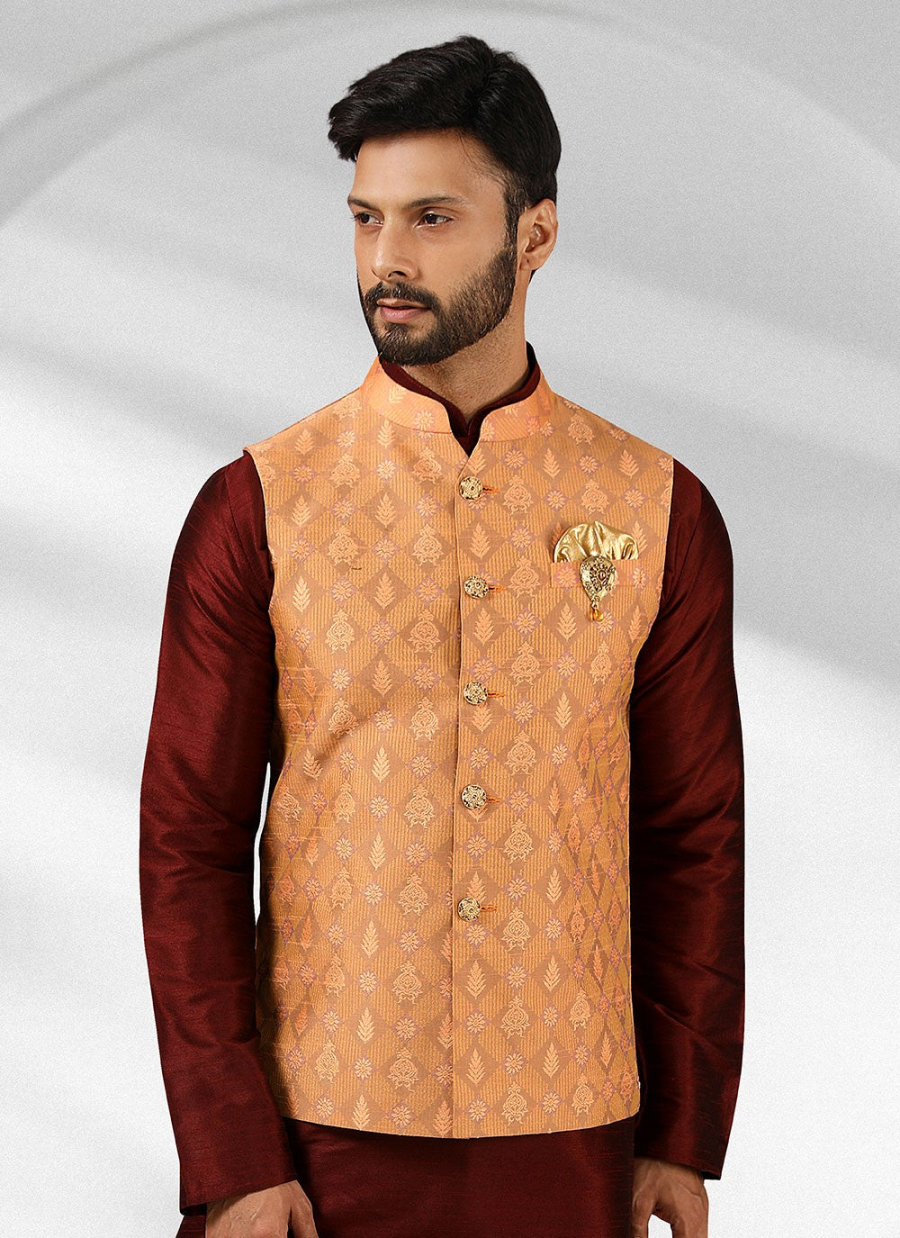 Embroidered Banarasi Silk, Jacquard Maroon, Peach Kurta Payjama With Jacket - M3129