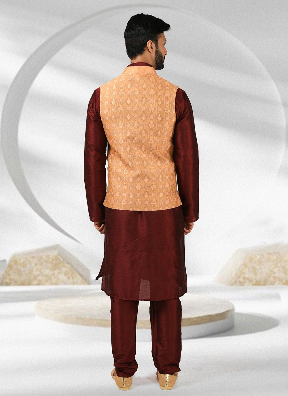 Embroidered Banarasi Silk, Jacquard Maroon, Peach Kurta Payjama With Jacket - M3129