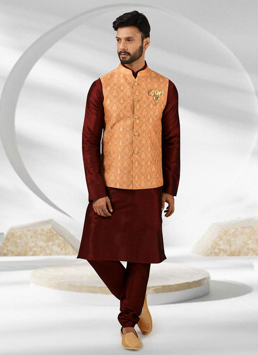 Embroidered Banarasi Silk, Jacquard Maroon, Peach Kurta Payjama With Jacket - M3129