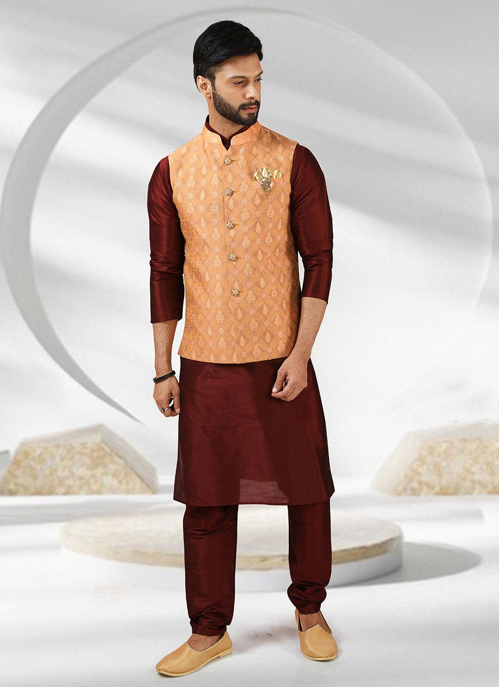 Embroidered Banarasi Silk, Jacquard Maroon, Peach Kurta Payjama With Jacket - M3129