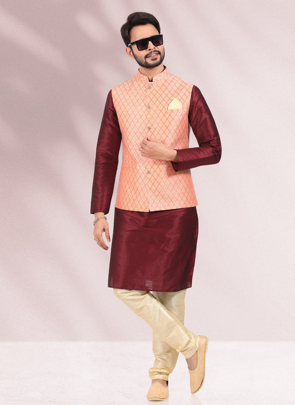 Jacquard Work Banarasi Silk, Jacquard Maroon, Peach Kurta Payjama With Jacket - M4880