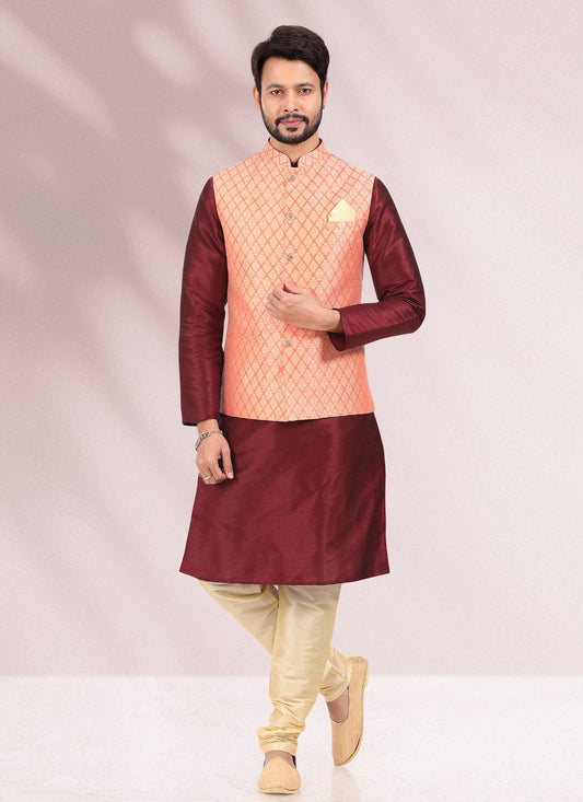 Jacquard Work Banarasi Silk, Jacquard Maroon, Peach Kurta Payjama With Jacket - M4880