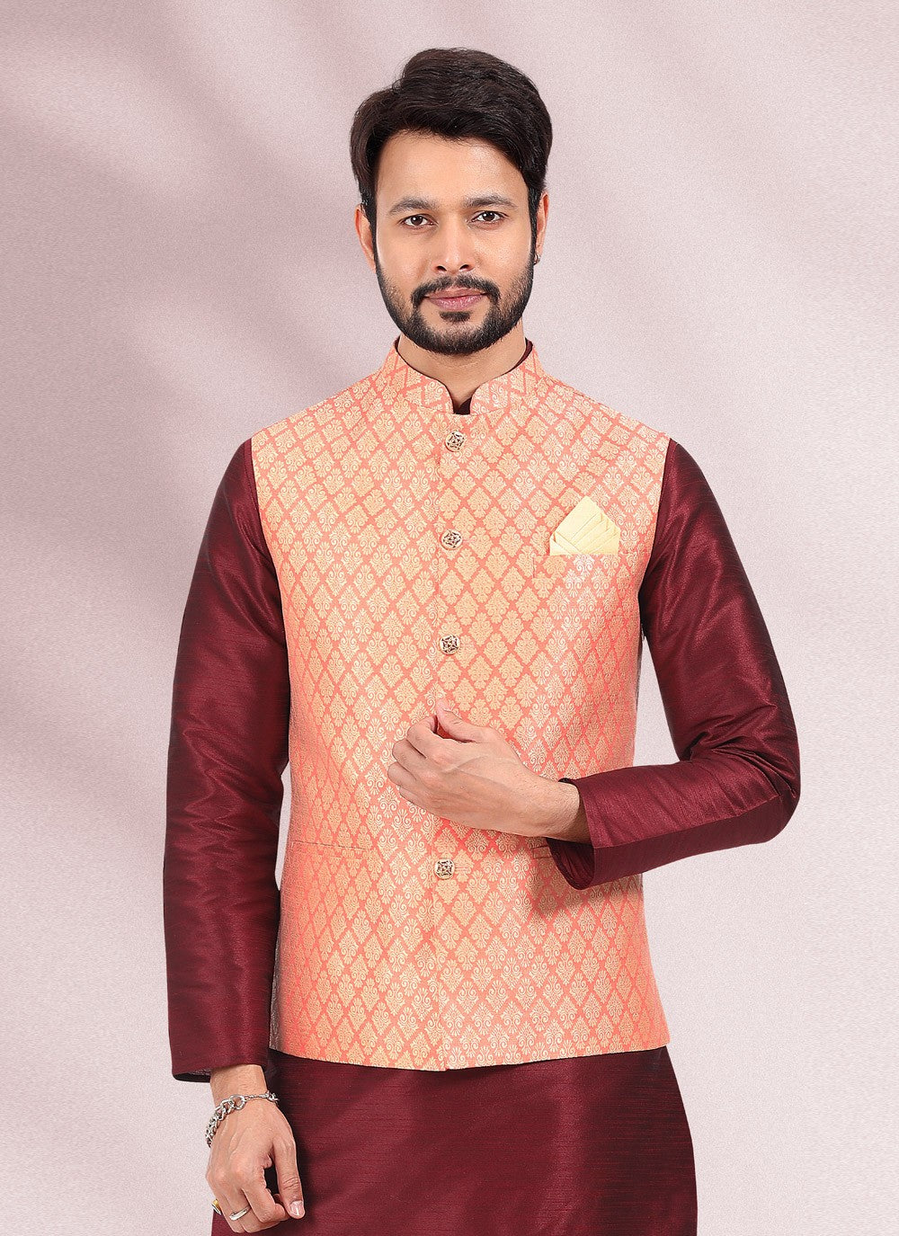 Jacquard Work Banarasi Silk, Jacquard Maroon, Peach Kurta Payjama With Jacket - M4880