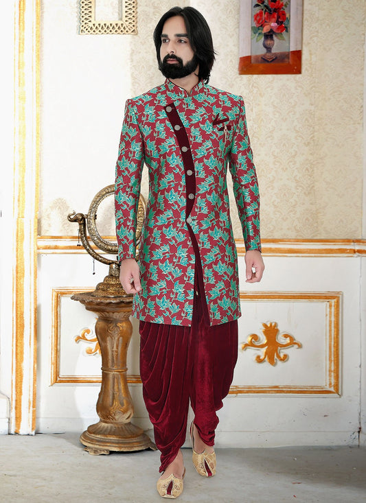 Printed Brocade Maroon, Teal Indo Western - M1936