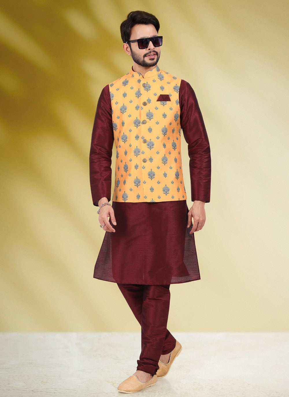 Printed Banarasi Silk Maroon, Yellow Kurta Payjama With Jacket - M4582