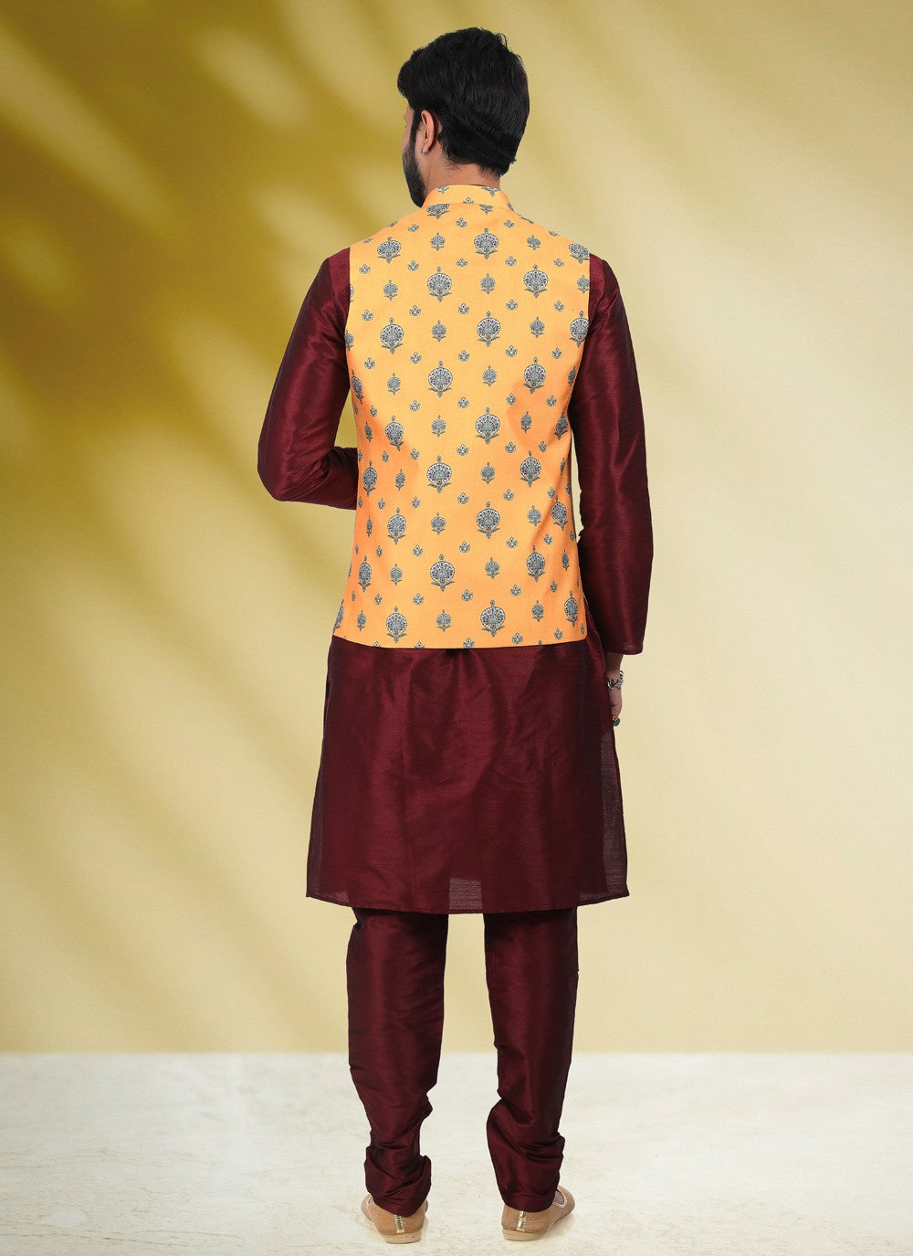 Printed Banarasi Silk Maroon, Yellow Kurta Payjama With Jacket - M4582