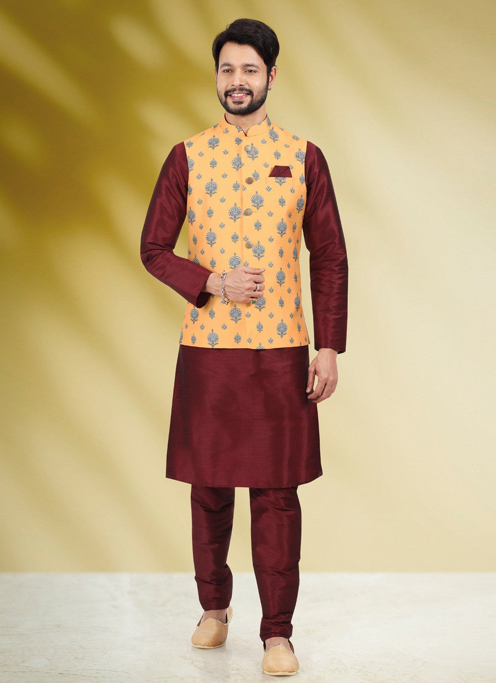 Printed Banarasi Silk Maroon, Yellow Kurta Payjama With Jacket - M4582