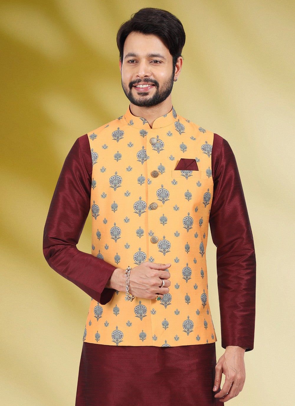 Printed Banarasi Silk Maroon, Yellow Kurta Payjama With Jacket - M4582