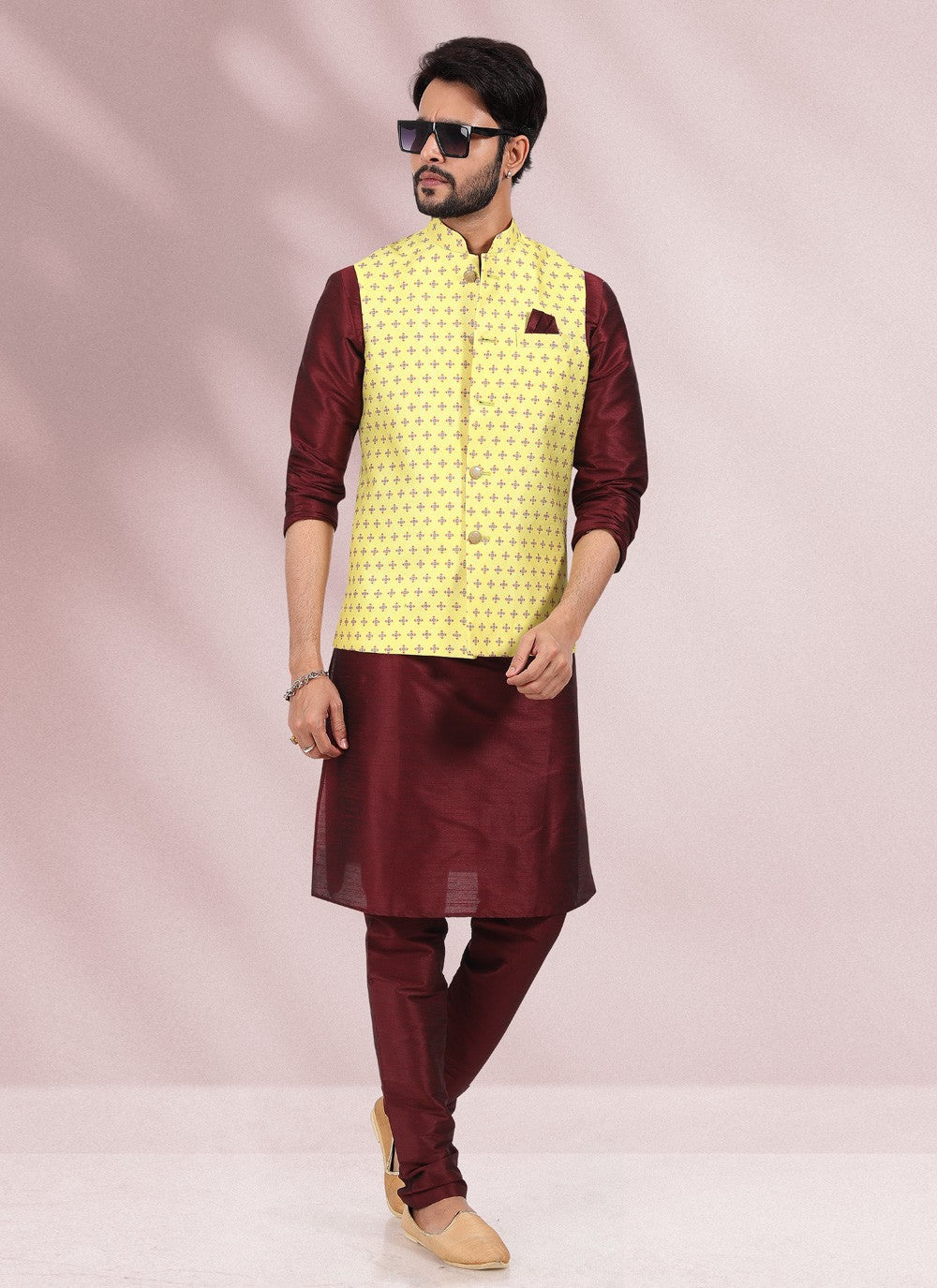 Printed Banarasi Silk Maroon, Yellow Kurta Payjama With Jacket - M4587