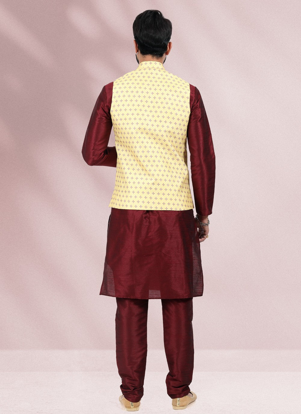 Printed Banarasi Silk Maroon, Yellow Kurta Payjama With Jacket - M4587