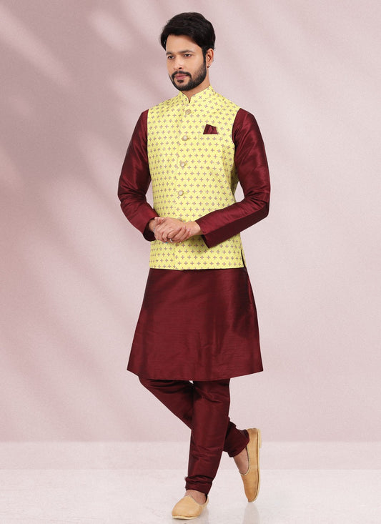 Printed Banarasi Silk Maroon, Yellow Kurta Payjama With Jacket - M4587