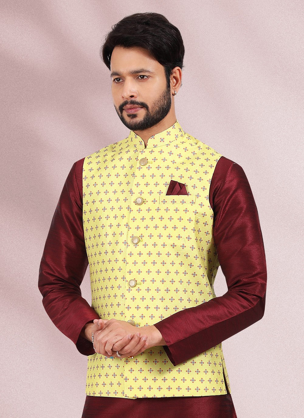 Printed Banarasi Silk Maroon, Yellow Kurta Payjama With Jacket - M4587