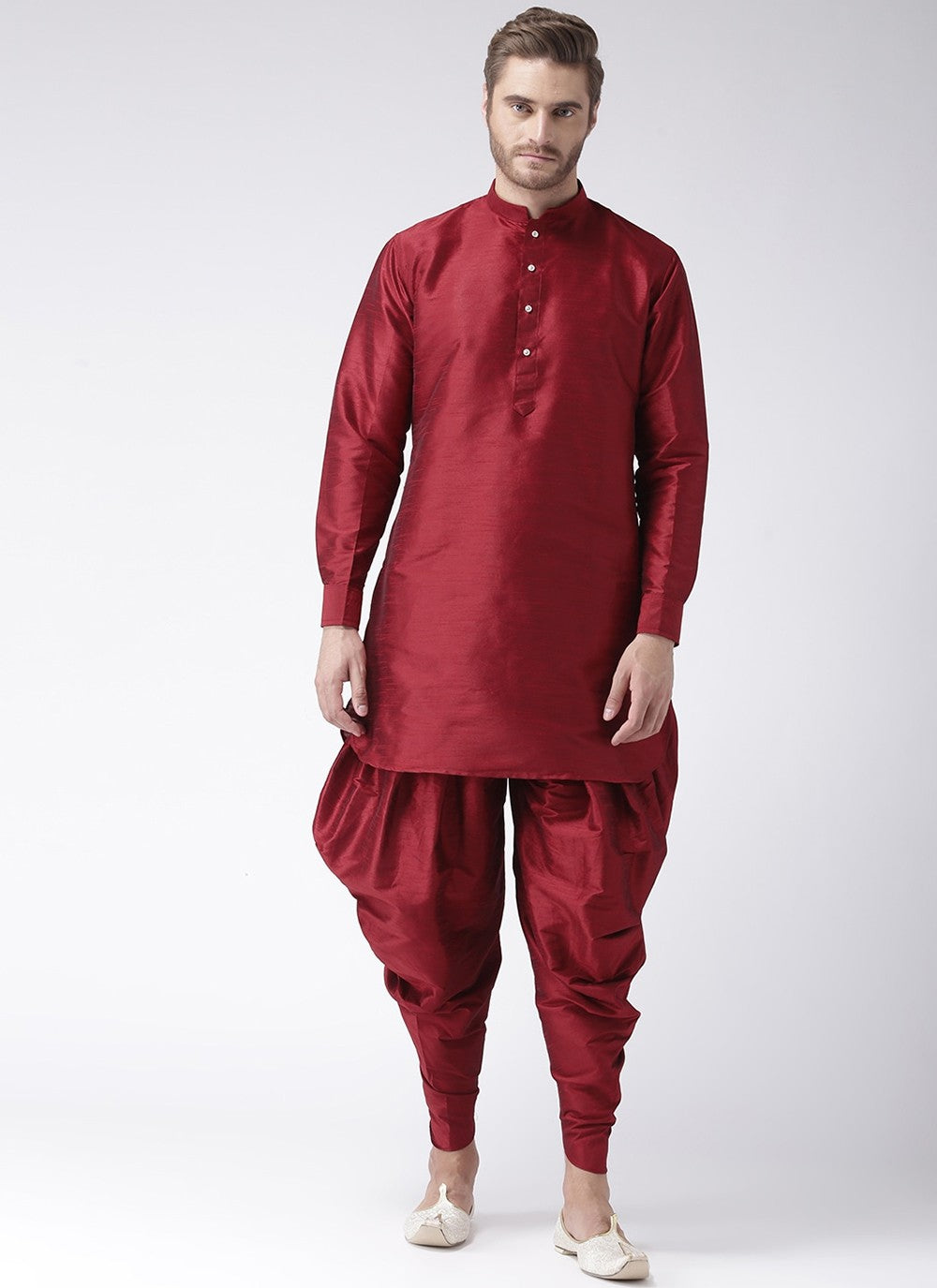 Plain Art Dupion Silk Maroon Dhoti Kurta - M2487