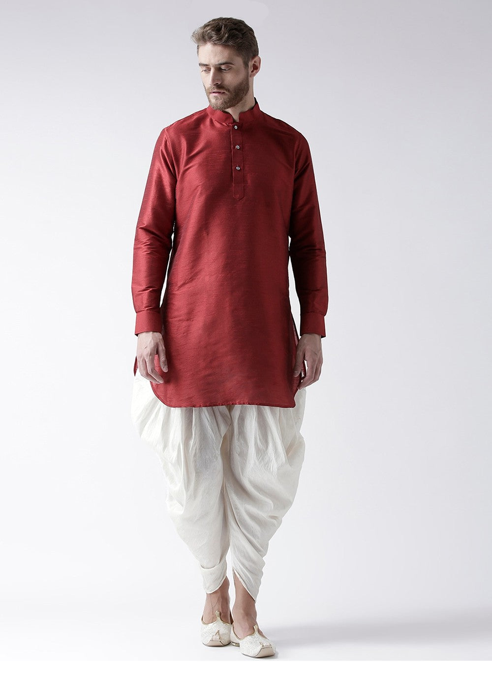 Plain Art Dupion Silk Maroon Dhoti Kurta - M2488