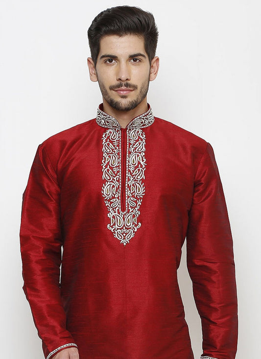 Embroidered Art Dupion Silk Maroon Kurta - M1209