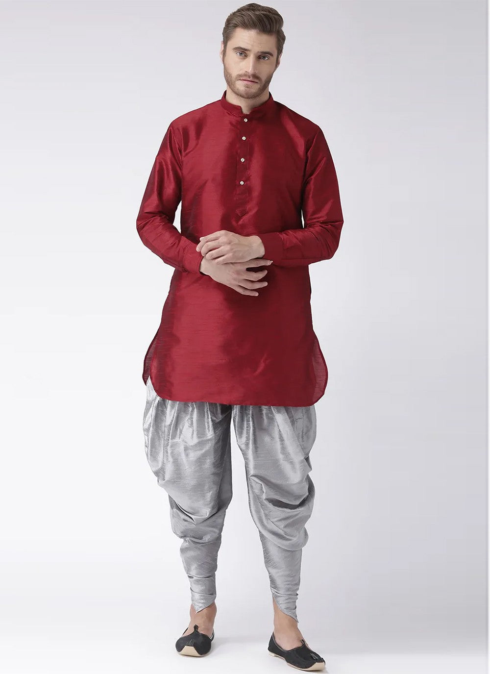 Plain Art Dupion Silk Maroon Dhoti Kurta - M2494