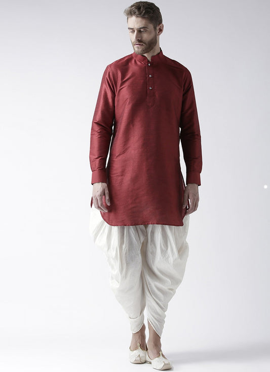 Plain Art Dupion Silk Maroon Dhoti Kurta - M1432