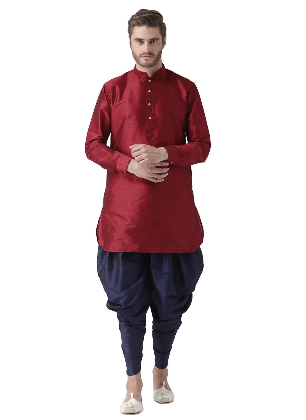 Plain Art Dupion Silk Maroon Dhoti Kurta - M2496