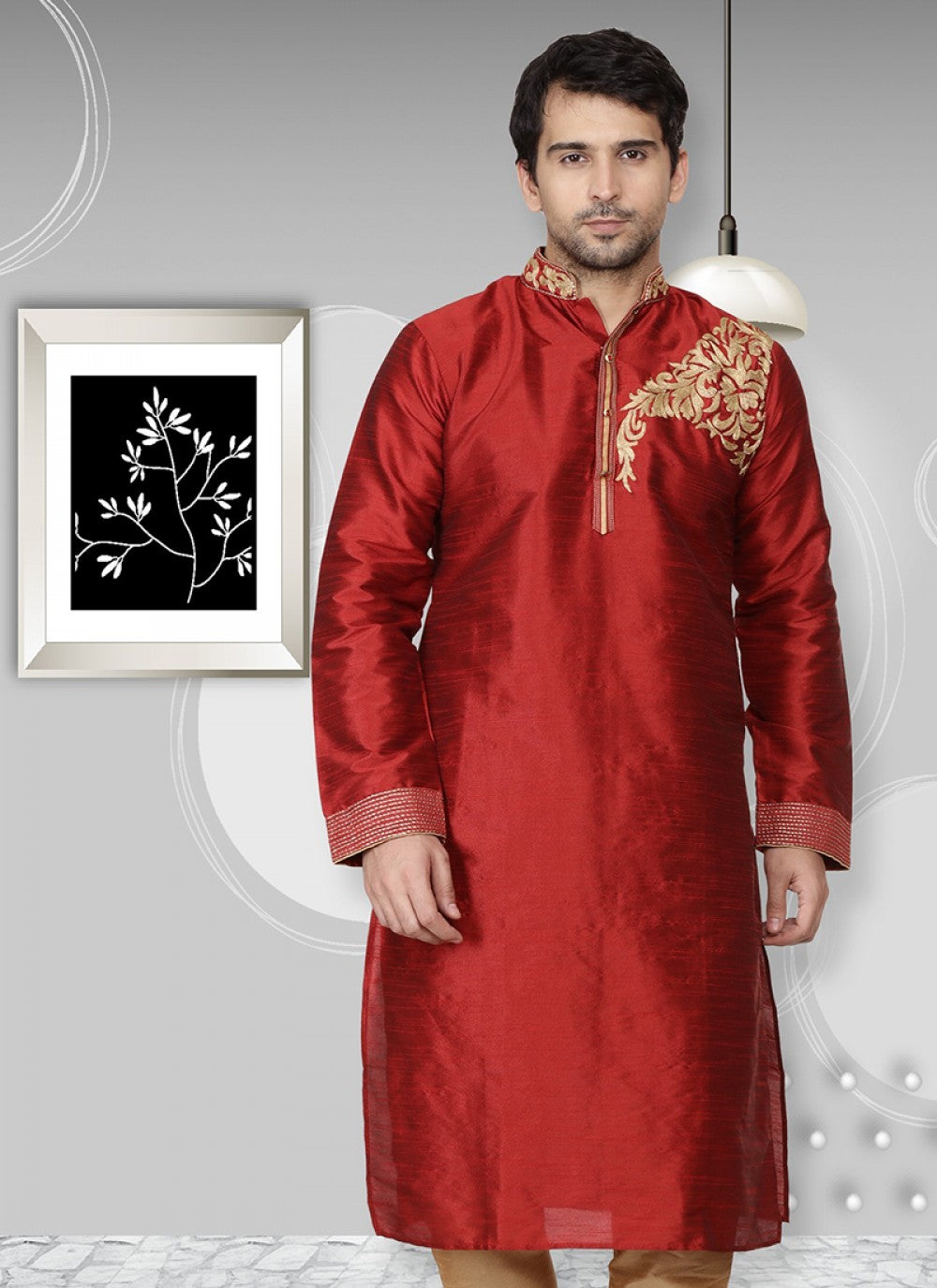 Embroidered Art Dupion Silk Maroon Kurta - M1322