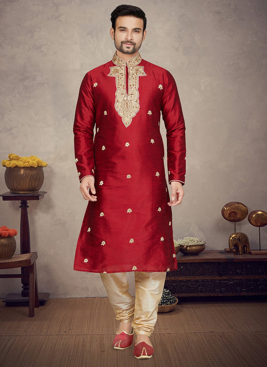 Embroidered Art Silk Maroon Kurta Pyjama - M5864