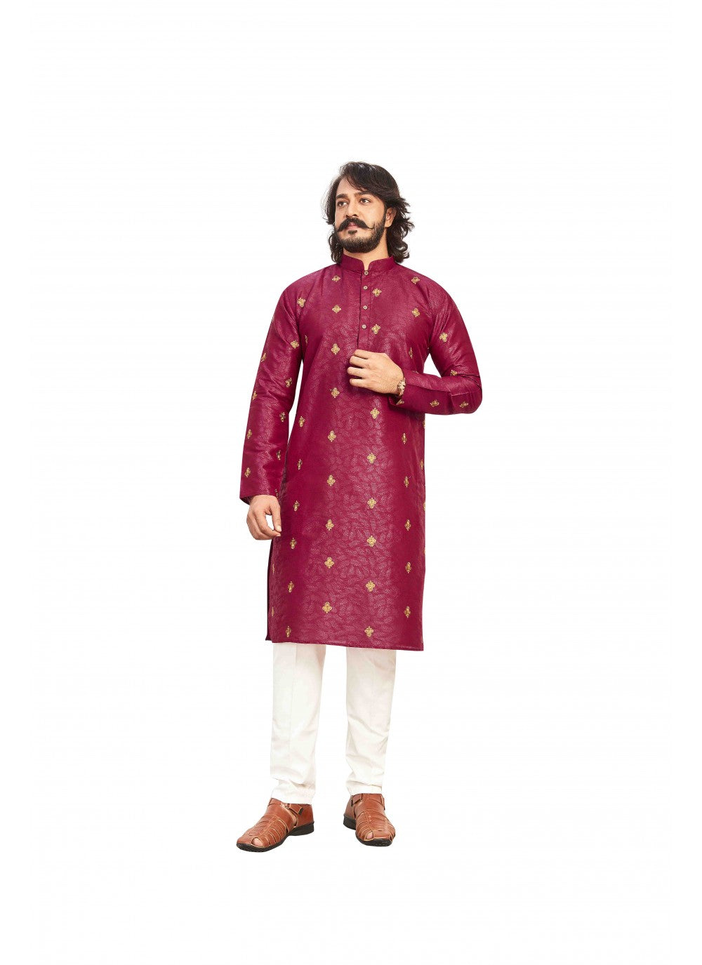 Printed Art Silk Maroon Kurta Pyjama - M1581