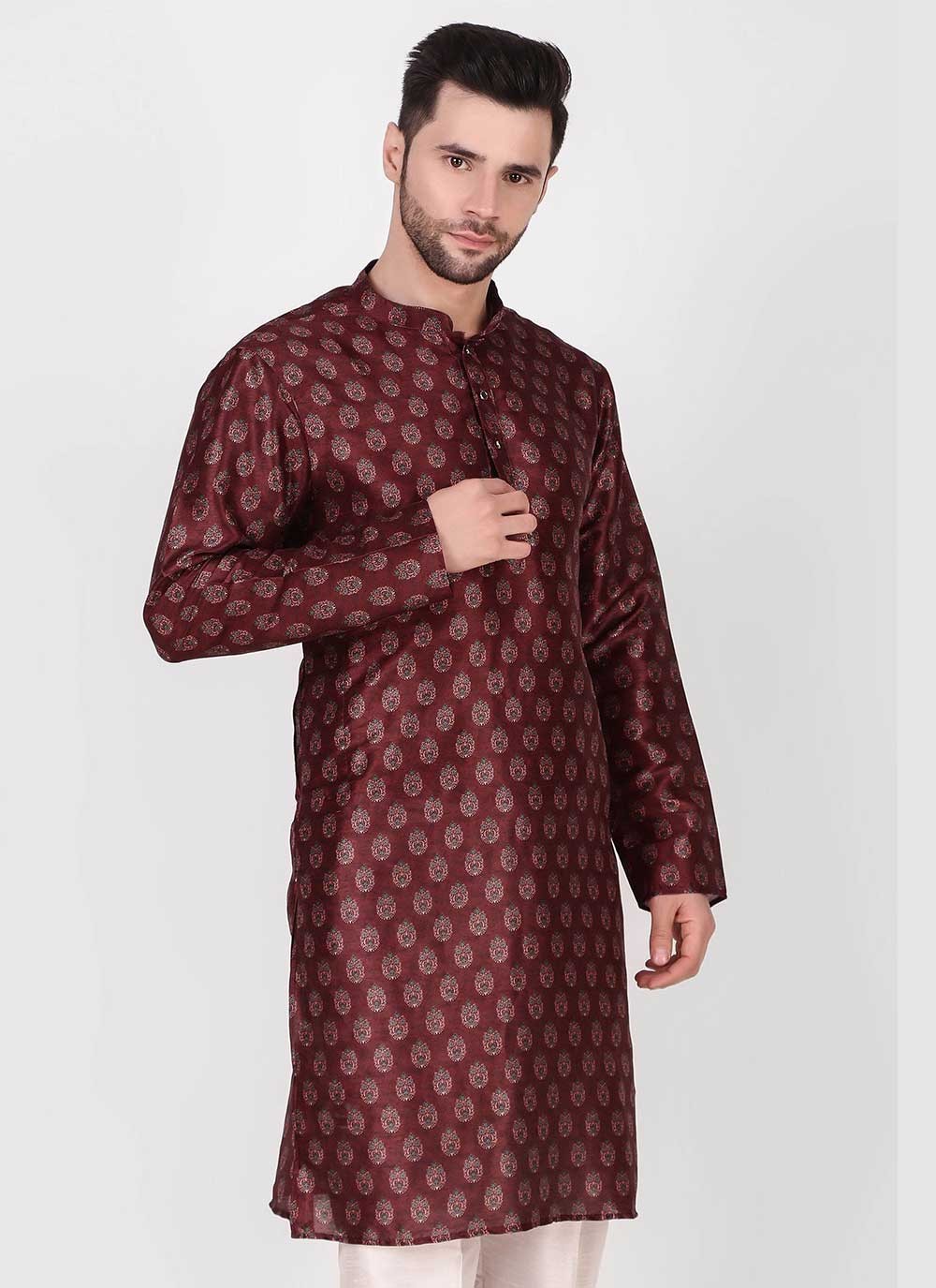 Printed Art Silk Maroon Kurta Pyjama - M4753