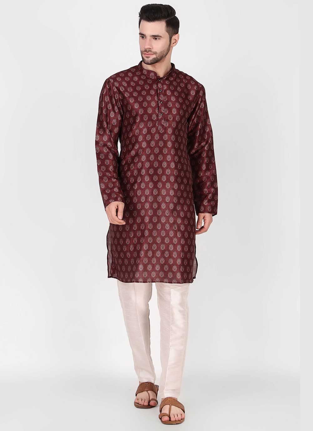 Printed Art Silk Maroon Kurta Pyjama - M4753