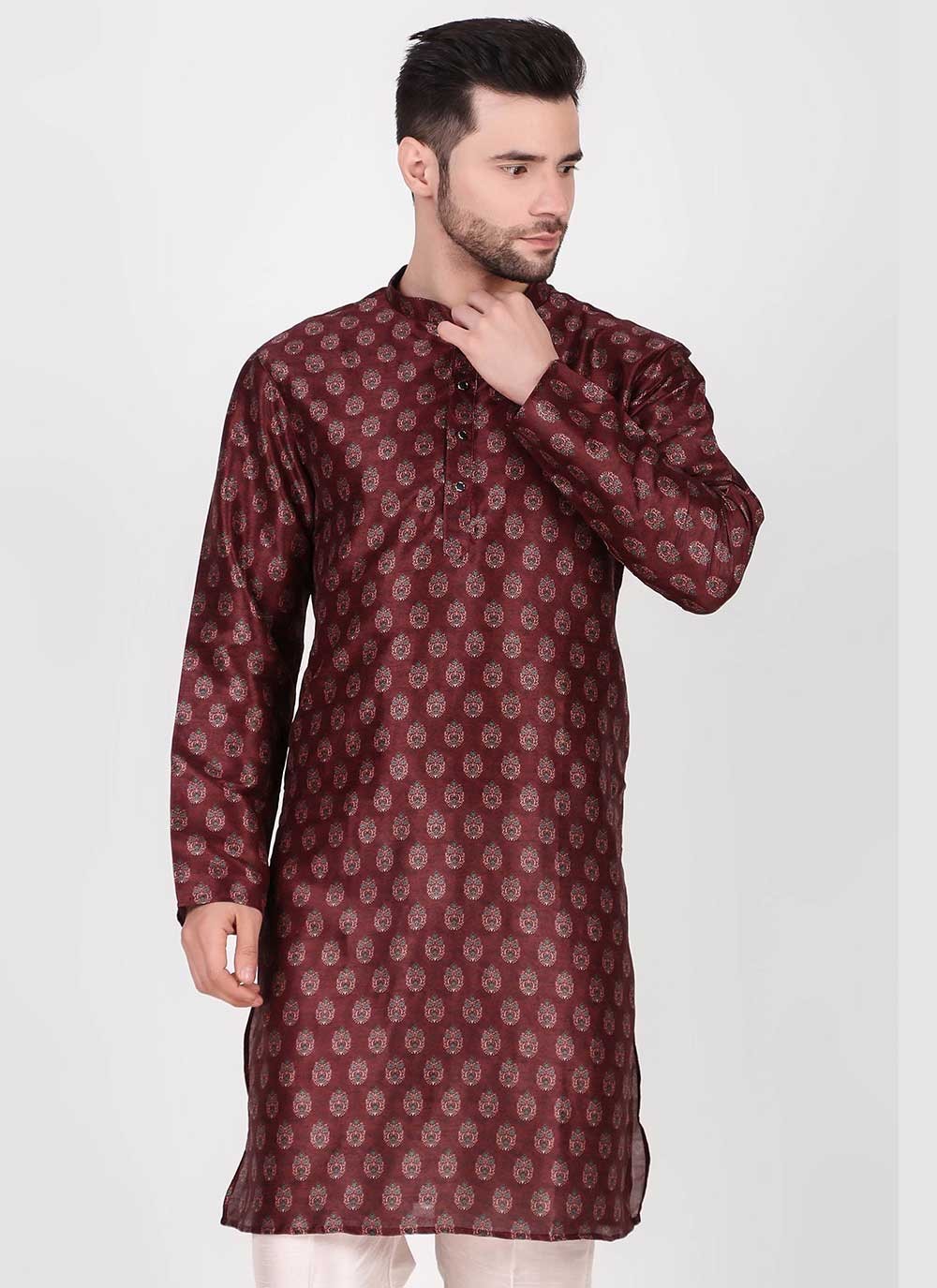 Printed Art Silk Maroon Kurta Pyjama - M4753