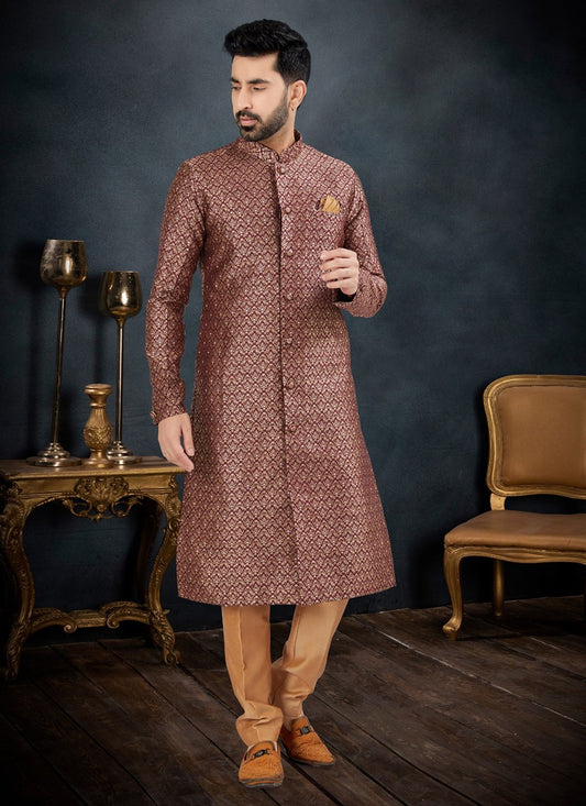 Embroidered Banarasi Jacquard Maroon Kurta Pyjama - M7126